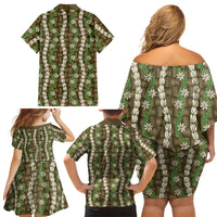 Pikake Maile Tiare Lei Family Matching Off Shoulder Short Dress and Hawaiian Shirt Natural Lauhala Pattern