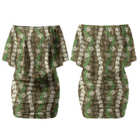 Pikake Maile Tiare Lei Family Matching Off Shoulder Short Dress and Hawaiian Shirt Natural Lauhala Pattern LT01 Mom's Dress Brown - Polynesian Pride