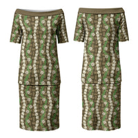 Pikake Maile Tiare Lei Family Matching Puletasi and Hawaiian Shirt Natural Lauhala Pattern LT01 Mom's Dress Brown - Polynesian Pride