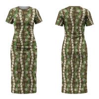 Pikake Maile Tiare Lei Family Matching Short Sleeve Bodycon Dress and Hawaiian Shirt Natural Lauhala Pattern LT01 Mom's Dress Brown - Polynesian Pride