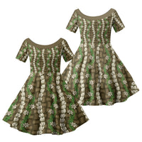 Pikake Maile Tiare Lei Family Matching Short Sleeve Bodycon Dress and Hawaiian Shirt Natural Lauhala Pattern LT01 Daughter's Dress Brown - Polynesian Pride