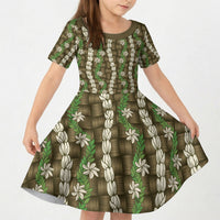 Pikake Maile Tiare Lei Kid Short Sleeve Dress Natural Lauhala Pattern LT01 KID Brown - Polynesian Pride