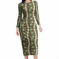 Pikake Maile Tiare Lei Long Sleeve Bodycon Dress Natural Lauhala Pattern LT01 Long Dress Brown - Polynesian Pride