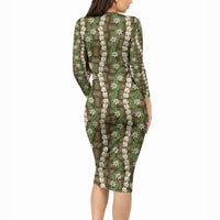 Pikake Maile Tiare Lei Long Sleeve Bodycon Dress Natural Lauhala Pattern LT01 - Polynesian Pride