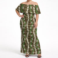 Pikake Maile Tiare Lei Off Shoulder Maxi Dress Natural Lauhala Pattern LT01 Women Brown - Polynesian Pride