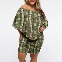 Pikake Maile Tiare Lei Off Shoulder Short Dress Natural Lauhala Pattern LT01 Women Brown - Polynesian Pride