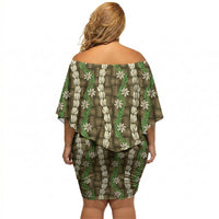 Pikake Maile Tiare Lei Off Shoulder Short Dress Natural Lauhala Pattern LT01 - Polynesian Pride