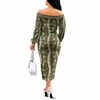 Pikake Maile Tiare Lei Off The Shoulder Long Sleeve Dress Natural Lauhala Pattern LT01 - Polynesian Pride