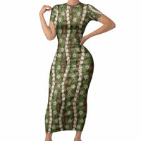 Pikake Maile Tiare Lei Short Sleeve Bodycon Dress Natural Lauhala Pattern LT01 Long Dress Brown - Polynesian Pride
