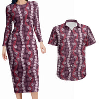 Pikake Maile Tiare Lei Couples Matching Long Sleeve Bodycon Dress and Hawaiian Shirt Akala Lauhala Pattern LT01 Pink - Polynesian Pride