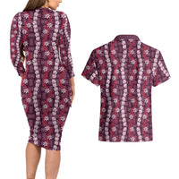Pikake Maile Tiare Lei Couples Matching Long Sleeve Bodycon Dress and Hawaiian Shirt Akala Lauhala Pattern