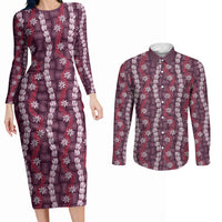 Pikake Maile Tiare Lei Couples Matching Long Sleeve Bodycon Dress and Long Sleeve Button Shirt Akala Lauhala Pattern LT01 Pink - Polynesian Pride