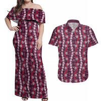 Pikake Maile Tiare Lei Couples Matching Off Shoulder Maxi Dress and Hawaiian Shirt Akala Lauhala Pattern