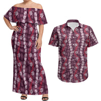 Pikake Maile Tiare Lei Couples Matching Off Shoulder Maxi Dress and Hawaiian Shirt Akala Lauhala Pattern LT01 Pink - Polynesian Pride