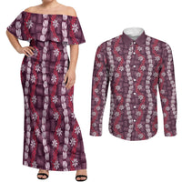 Pikake Maile Tiare Lei Couples Matching Off Shoulder Maxi Dress and Long Sleeve Button Shirt Akala Lauhala Pattern LT01 Pink - Polynesian Pride