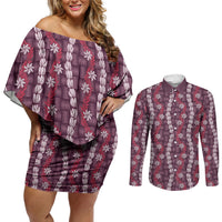 Pikake Maile Tiare Lei Couples Matching Off Shoulder Short Dress and Long Sleeve Button Shirt Akala Lauhala Pattern LT01 Pink - Polynesian Pride