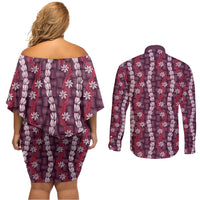 Pikake Maile Tiare Lei Couples Matching Off Shoulder Short Dress and Long Sleeve Button Shirt Akala Lauhala Pattern