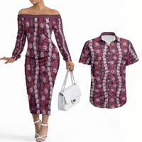 Pikake Maile Tiare Lei Couples Matching Off The Shoulder Long Sleeve Dress and Hawaiian Shirt Akala Lauhala Pattern LT01 Pink - Polynesian Pride