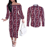 Pikake Maile Tiare Lei Couples Matching Off The Shoulder Long Sleeve Dress and Long Sleeve Button Shirt Akala Lauhala Pattern
