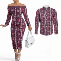 Pikake Maile Tiare Lei Couples Matching Off The Shoulder Long Sleeve Dress and Long Sleeve Button Shirt Akala Lauhala Pattern LT01 Pink - Polynesian Pride