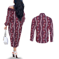 Pikake Maile Tiare Lei Couples Matching Off The Shoulder Long Sleeve Dress and Long Sleeve Button Shirt Akala Lauhala Pattern