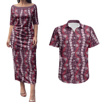 Pikake Maile Tiare Lei Couples Matching Puletasi and Hawaiian Shirt Akala Lauhala Pattern LT01 Pink - Polynesian Pride