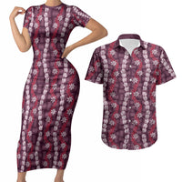 Pikake Maile Tiare Lei Couples Matching Short Sleeve Bodycon Dress and Hawaiian Shirt Akala Lauhala Pattern LT01 Pink - Polynesian Pride