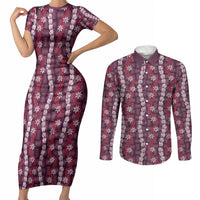 Pikake Maile Tiare Lei Couples Matching Short Sleeve Bodycon Dress and Long Sleeve Button Shirt Akala Lauhala Pattern LT01 Pink - Polynesian Pride