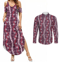 Pikake Maile Tiare Lei Couples Matching Summer Maxi Dress and Long Sleeve Button Shirt Akala Lauhala Pattern LT01 Pink - Polynesian Pride