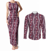 Pikake Maile Tiare Lei Couples Matching Tank Maxi Dress and Long Sleeve Button Shirt Akala Lauhala Pattern LT01 Pink - Polynesian Pride