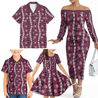 Pikake Maile Tiare Lei Family Matching Off The Shoulder Long Sleeve Dress and Hawaiian Shirt Akala Lauhala Pattern LT01 - Polynesian Pride