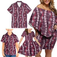 Pikake Maile Tiare Lei Family Matching Off Shoulder Short Dress and Hawaiian Shirt Akala Lauhala Pattern LT01 - Polynesian Pride