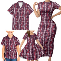 Pikake Maile Tiare Lei Family Matching Short Sleeve Bodycon Dress and Hawaiian Shirt Akala Lauhala Pattern LT01 - Polynesian Pride