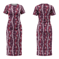 Pikake Maile Tiare Lei Family Matching Short Sleeve Bodycon Dress and Hawaiian Shirt Akala Lauhala Pattern LT01 Mom's Dress Pink - Polynesian Pride