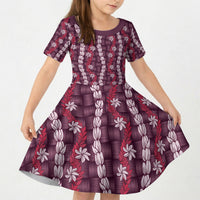 Pikake Maile Tiare Lei Kid Short Sleeve Dress Akala Lauhala Pattern LT01 KID Pink - Polynesian Pride