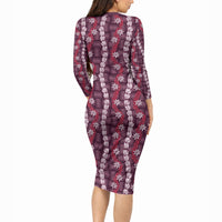 Pikake Maile Tiare Lei Long Sleeve Bodycon Dress Akala Lauhala Pattern LT01 - Polynesian Pride
