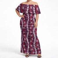 Pikake Maile Tiare Lei Off Shoulder Maxi Dress Akala Lauhala Pattern LT01 Women Pink - Polynesian Pride