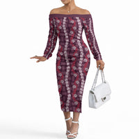 Pikake Maile Tiare Lei Off The Shoulder Long Sleeve Dress Akala Lauhala Pattern LT01 Women Pink - Polynesian Pride