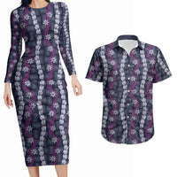 Pikake Maile Tiare Lei Couples Matching Long Sleeve Bodycon Dress and Hawaiian Shirt Poni Lauhala Pattern LT01 Purple - Polynesian Pride