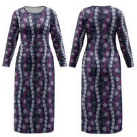 Pikake Maile Tiare Lei Couples Matching Long Sleeve Bodycon Dress and Hawaiian Shirt Poni Lauhala Pattern LT01 - Polynesian Pride