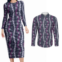 Pikake Maile Tiare Lei Couples Matching Long Sleeve Bodycon Dress and Long Sleeve Button Shirt Poni Lauhala Pattern LT01 Purple - Polynesian Pride