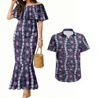 Pikake Maile Tiare Lei Couples Matching Mermaid Dress and Hawaiian Shirt Poni Lauhala Pattern LT01 Purple - Polynesian Pride