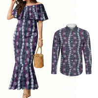 Pikake Maile Tiare Lei Couples Matching Mermaid Dress and Long Sleeve Button Shirt Poni Lauhala Pattern LT01 Purple - Polynesian Pride