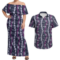 Pikake Maile Tiare Lei Couples Matching Off Shoulder Maxi Dress and Hawaiian Shirt Poni Lauhala Pattern LT01 Purple - Polynesian Pride
