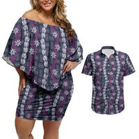 Pikake Maile Tiare Lei Couples Matching Off Shoulder Short Dress and Hawaiian Shirt Poni Lauhala Pattern LT01 Purple - Polynesian Pride