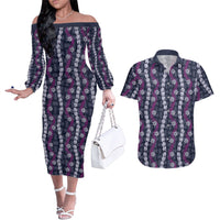 Pikake Maile Tiare Lei Couples Matching Off The Shoulder Long Sleeve Dress and Hawaiian Shirt Poni Lauhala Pattern