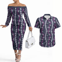 Pikake Maile Tiare Lei Couples Matching Off The Shoulder Long Sleeve Dress and Hawaiian Shirt Poni Lauhala Pattern LT01 Purple - Polynesian Pride