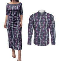 Pikake Maile Tiare Lei Couples Matching Puletasi and Long Sleeve Button Shirt Poni Lauhala Pattern LT01 Purple - Polynesian Pride