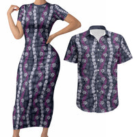 Pikake Maile Tiare Lei Couples Matching Short Sleeve Bodycon Dress and Hawaiian Shirt Poni Lauhala Pattern LT01 Purple - Polynesian Pride