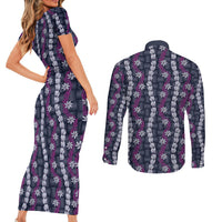 Pikake Maile Tiare Lei Couples Matching Short Sleeve Bodycon Dress and Long Sleeve Button Shirt Poni Lauhala Pattern